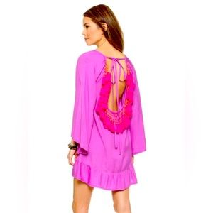 SUNDRESS pink fringe tassel beach coverup tunic summer dress short sun dress M/L